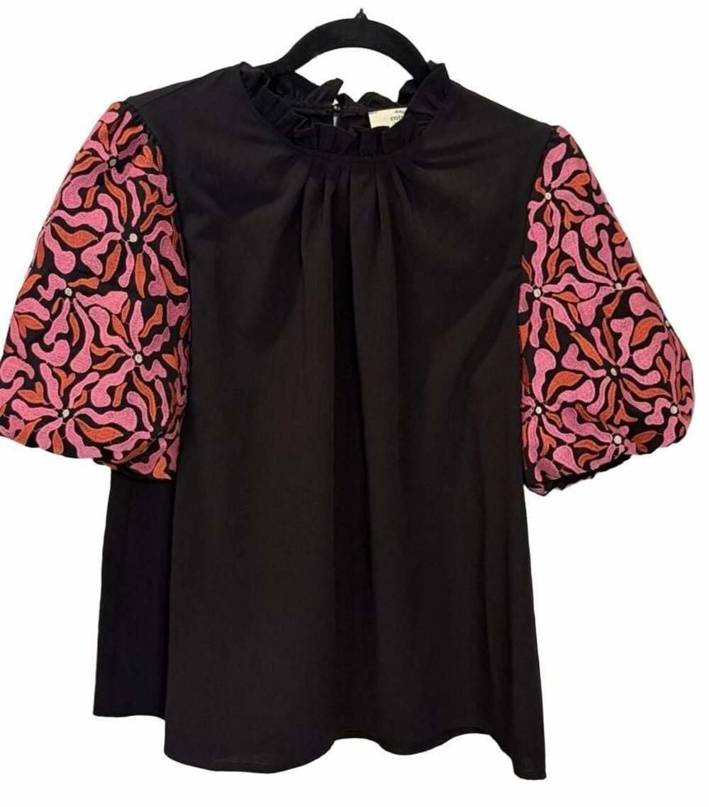 Entro Women’s Medium Black Embroidered Puff Sleeve Blouse Pink Orange Boho